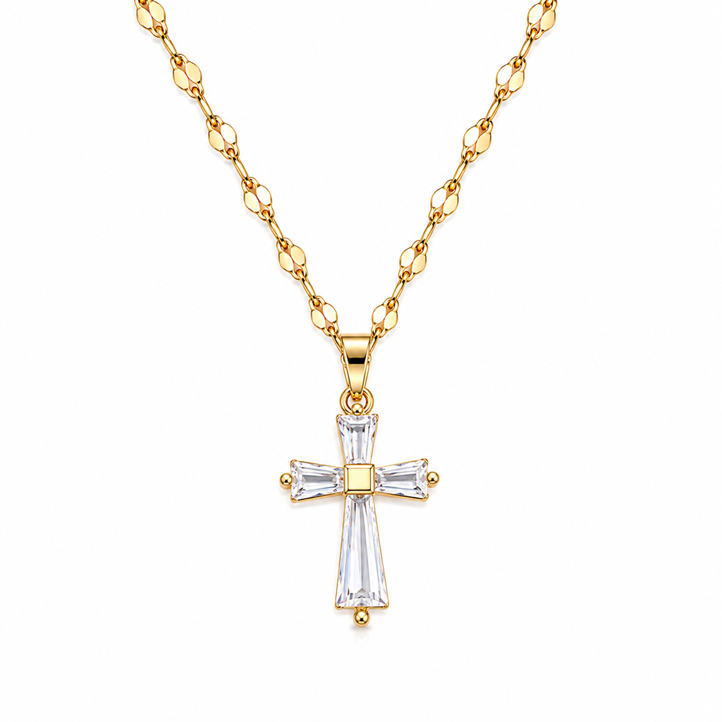 Gold Cross Pendant Necklace for Women – Dainty Crystal Cross Necklace, Stainless Steel Chain, Faith Jewelry Gift for Her
